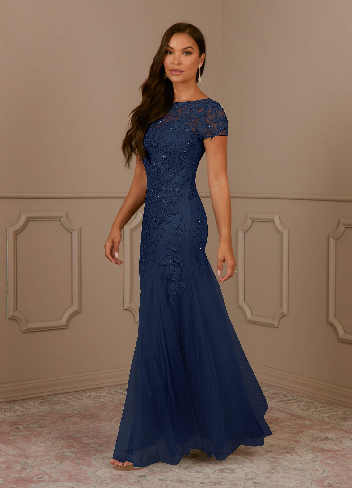 Azazie Laurie Mother of the Bride Dresses Dark Navy Mermaid Scoop Sequins Tulle Dress image2