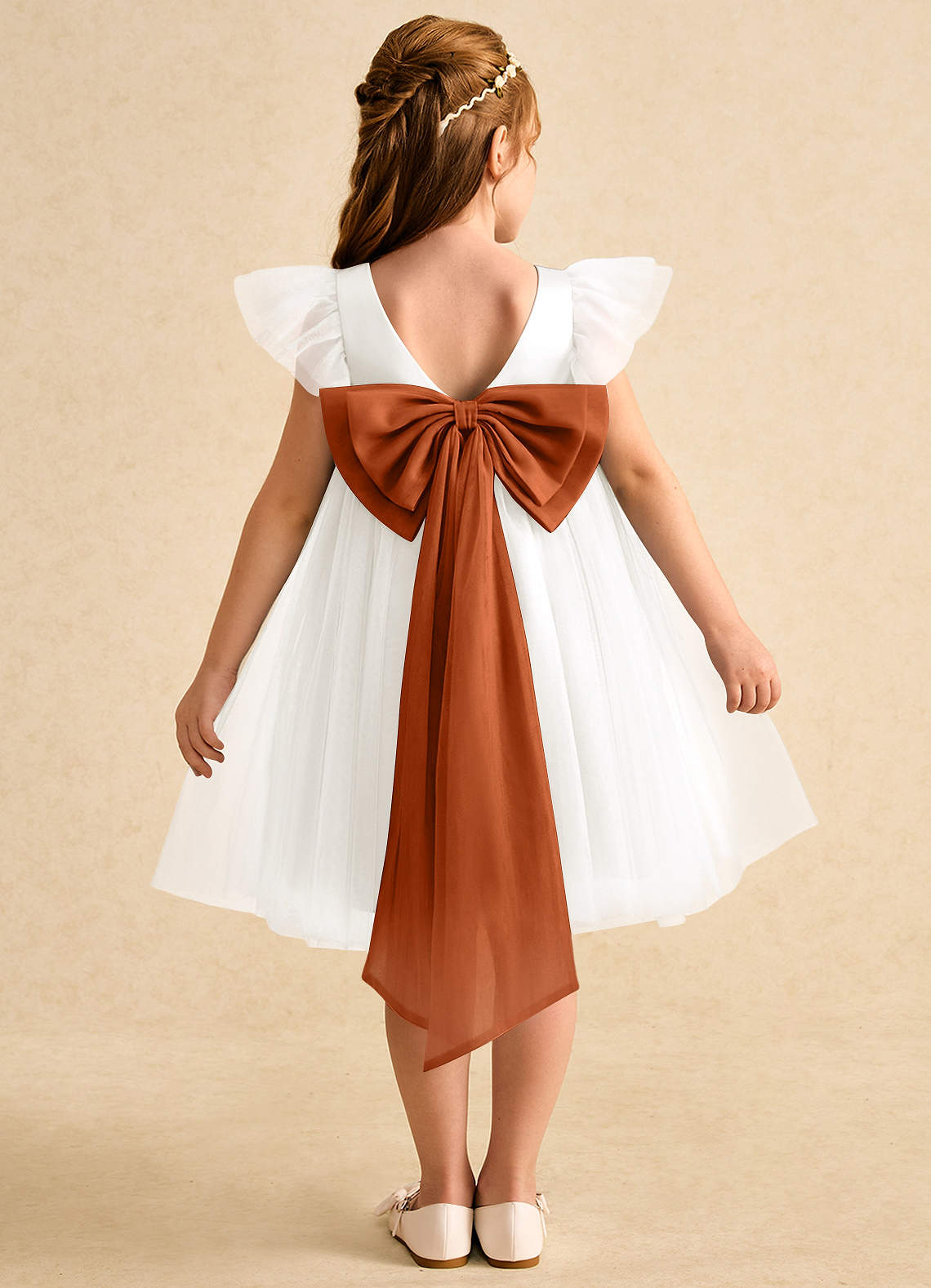 Azazie A-Line/Princess Boat Neck Knee-Length Tulle Flower Girl Dresses - Ivory/Burnt Orange