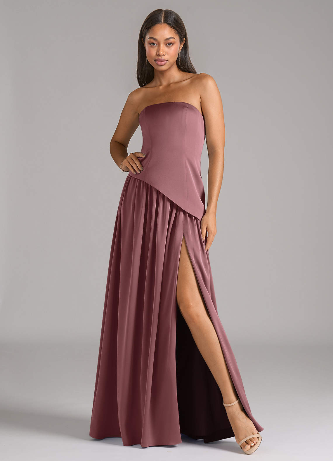 Azazie Adeline Bridesmaid Dresses Vintage Mauve A-Line Strapless Stretch Satin Convertible Dress image1
