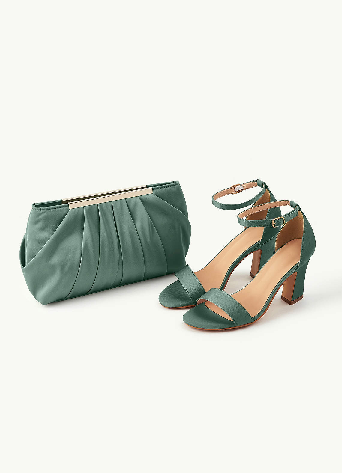 front Matching Color Stretch Satin Chunky Heel Sandals & Pleated Clutch Set