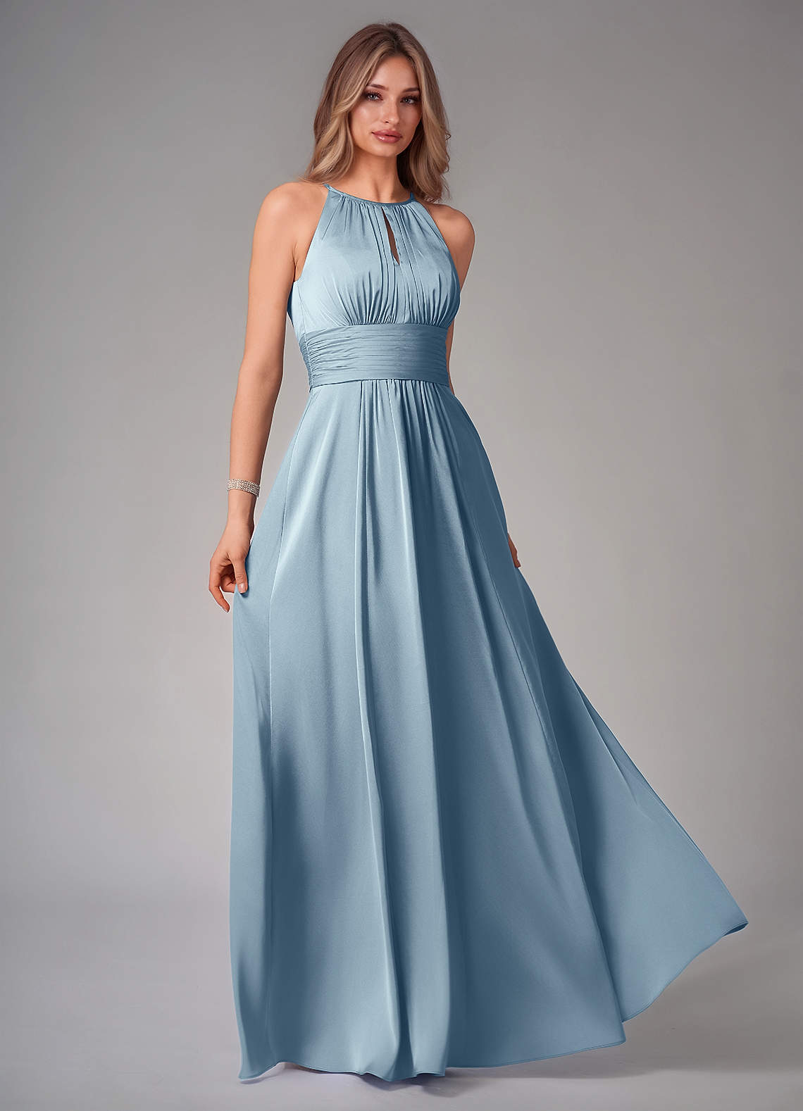 Azazie Bonnie Bridesmaid Dresses Dusty Blue A-Line Pleated Stretch Satin Dress image1