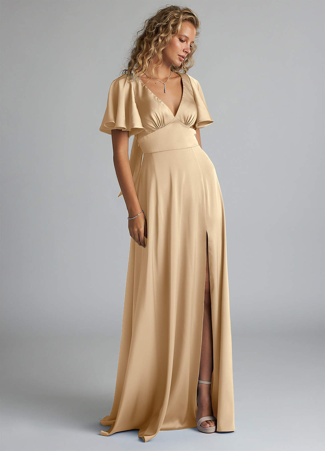 Azazie Kimber Bridesmaid Dresses Champagne A-Line Ruched Stretch Satin Dress image3