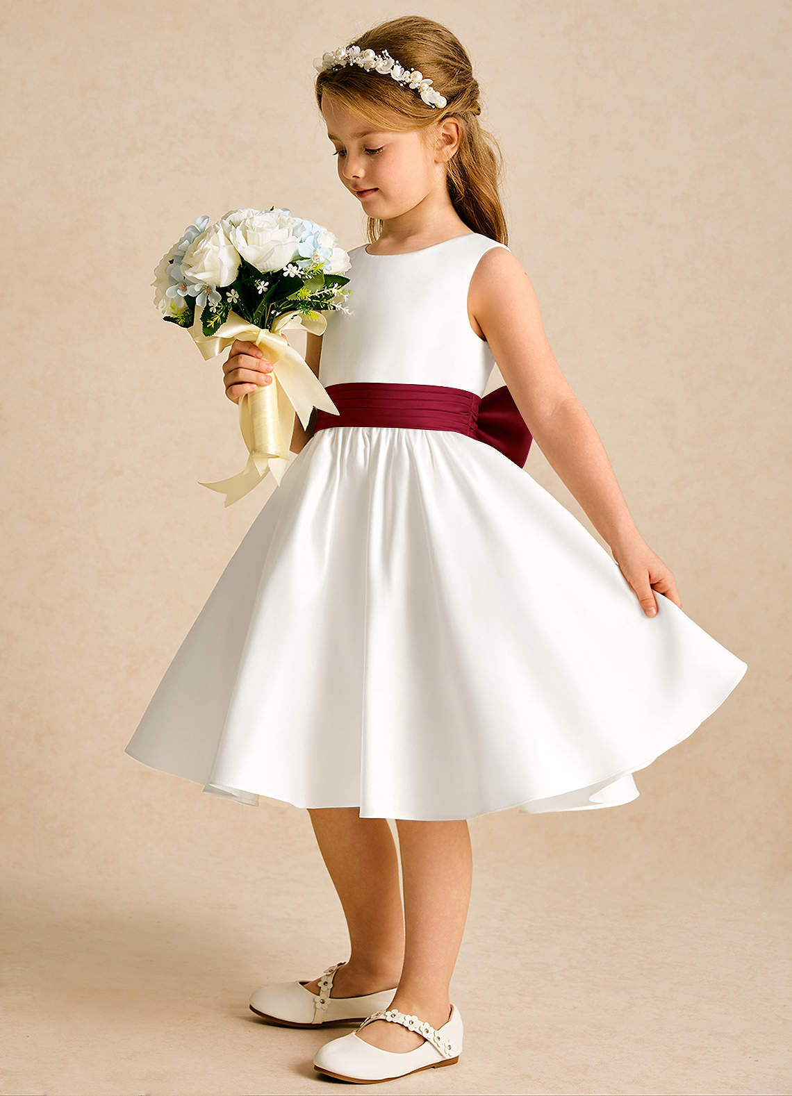 Azazie Sosie Flower Girl Dresses Ivory Burgundy A-Line Pleated Matte Satin Dress image2