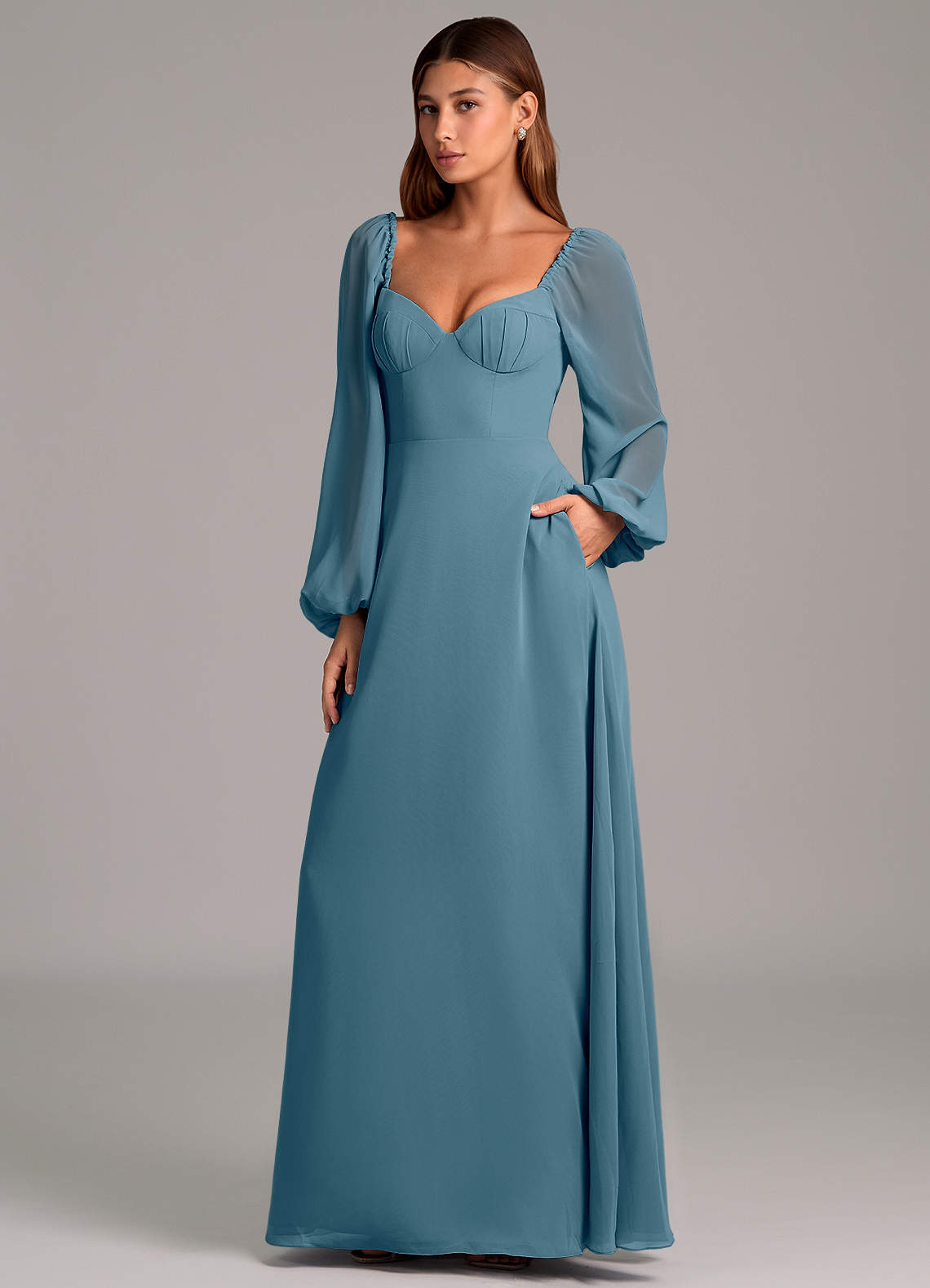 Azazie Annistyn Robes de demoiselle d'honneur Robe Trapèze en Mousseline de soie Manche longue Bermude image1