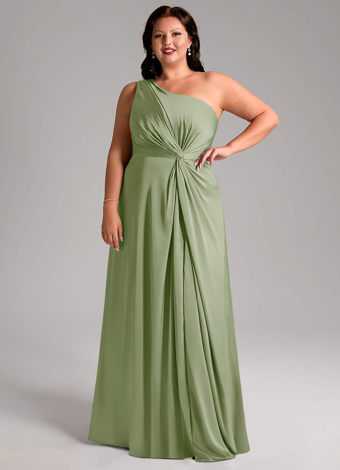 Azazie Brooke Bridesmaid Dresses Dusty Sage A-Line One Shoulder Stretch Satin Dress image11