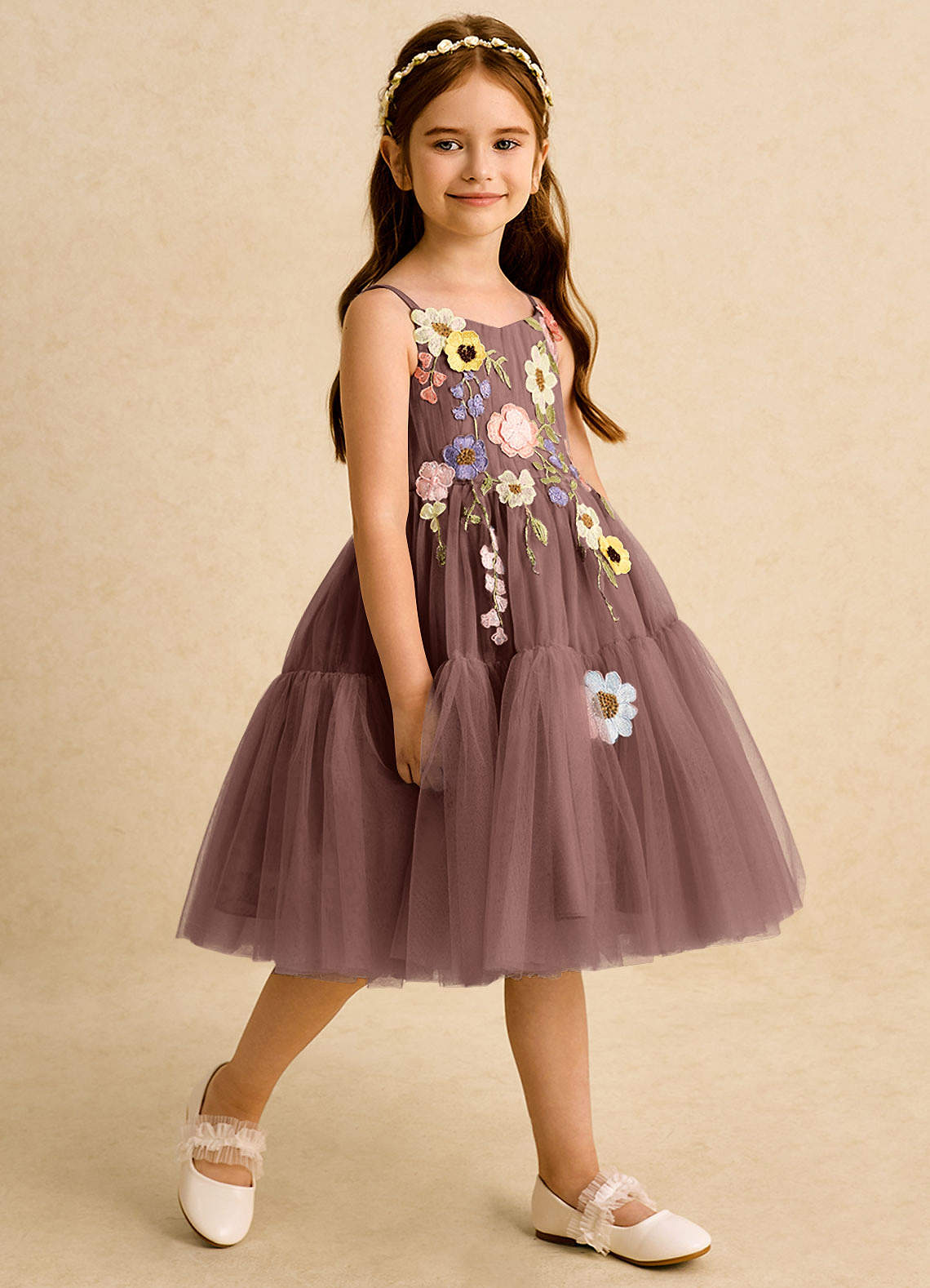 Azazie Osea Blumenmädchenkleider Ballkleid Plissee Tüll Kleid Espresso image4
