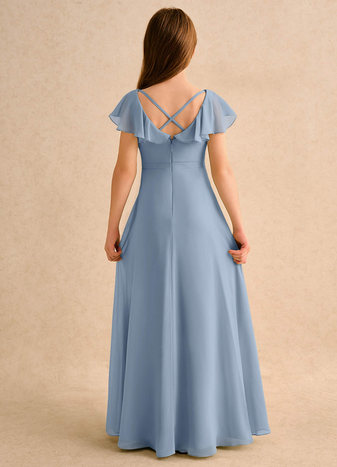 Azazie Nari Girls Formal Kukkatyttöjen mekot A-linja hihallinen Sifonki Lattian pituus Mekko image6