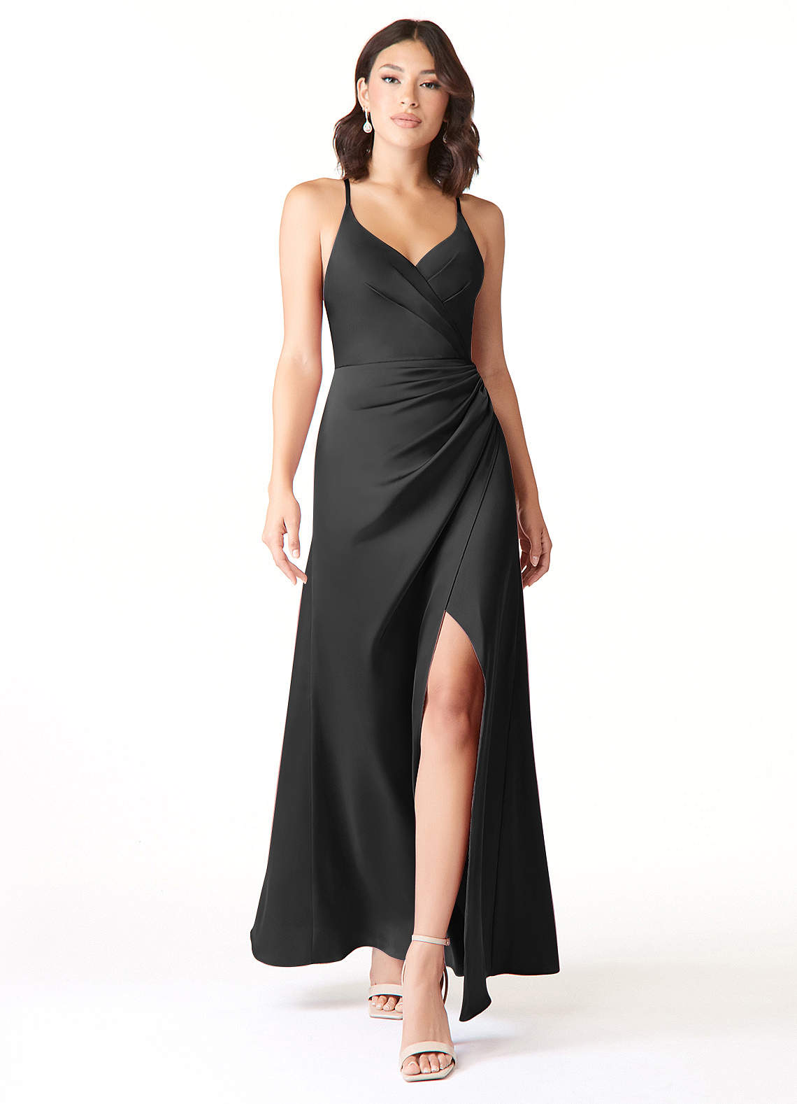 Azazie Geanna Bridesmaid Dresses Black Sheath V-Neck Pleated Stretch Satin Dress image1