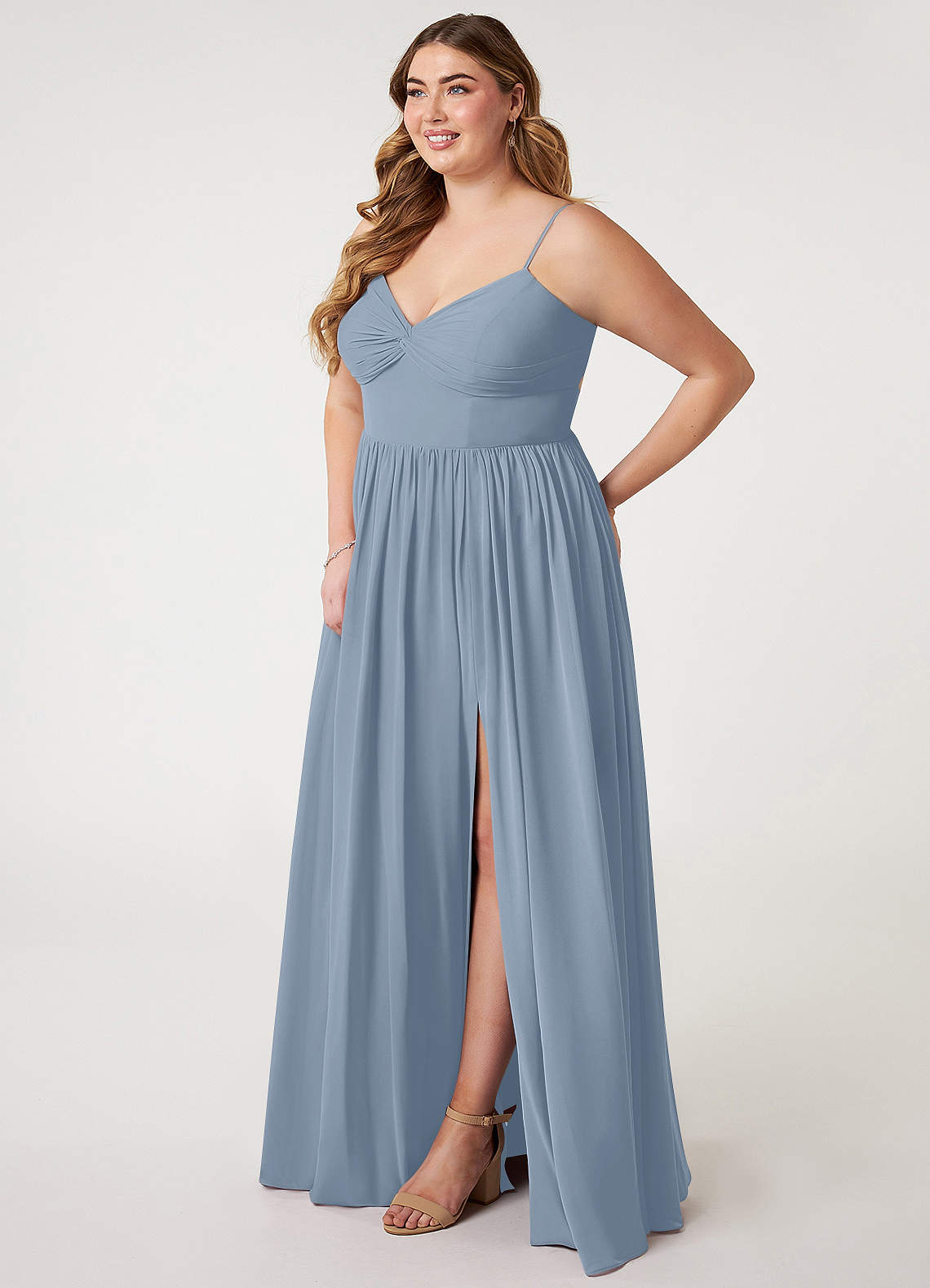 Azazie Zeya Bridesmaid Dresses Dusty Blue A-Line V-Neck Pleated Chiffon Dress image7