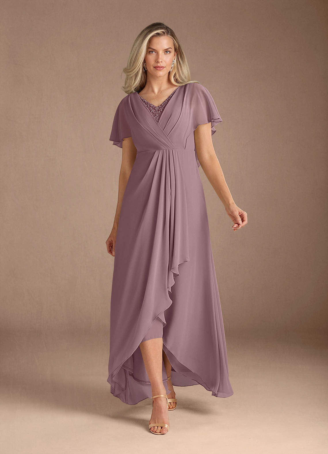 Azazie Eliza Kleider für die Brautmutter A-Linie V-Hals Gefaltet Chiffon Kleid Altrosa image1