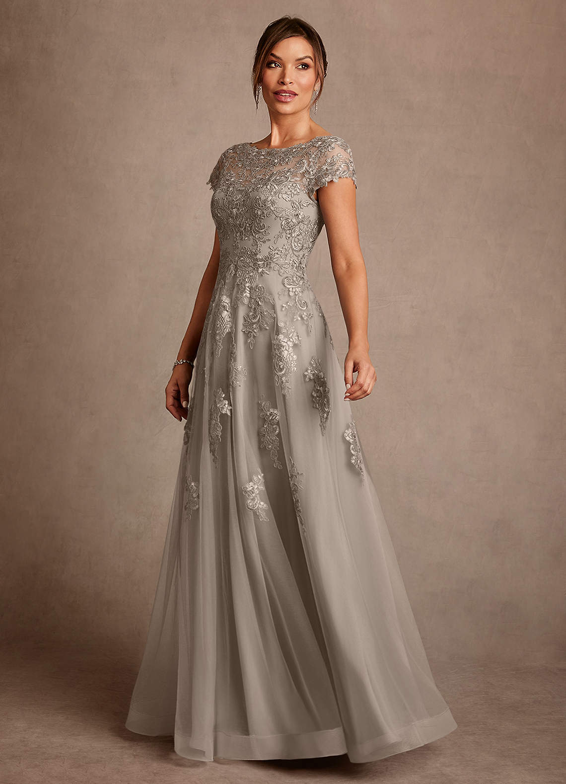 Azazie Jalinda Mother of the Bride Dresses Taupe A-Line Lace Chiffon Dress image3