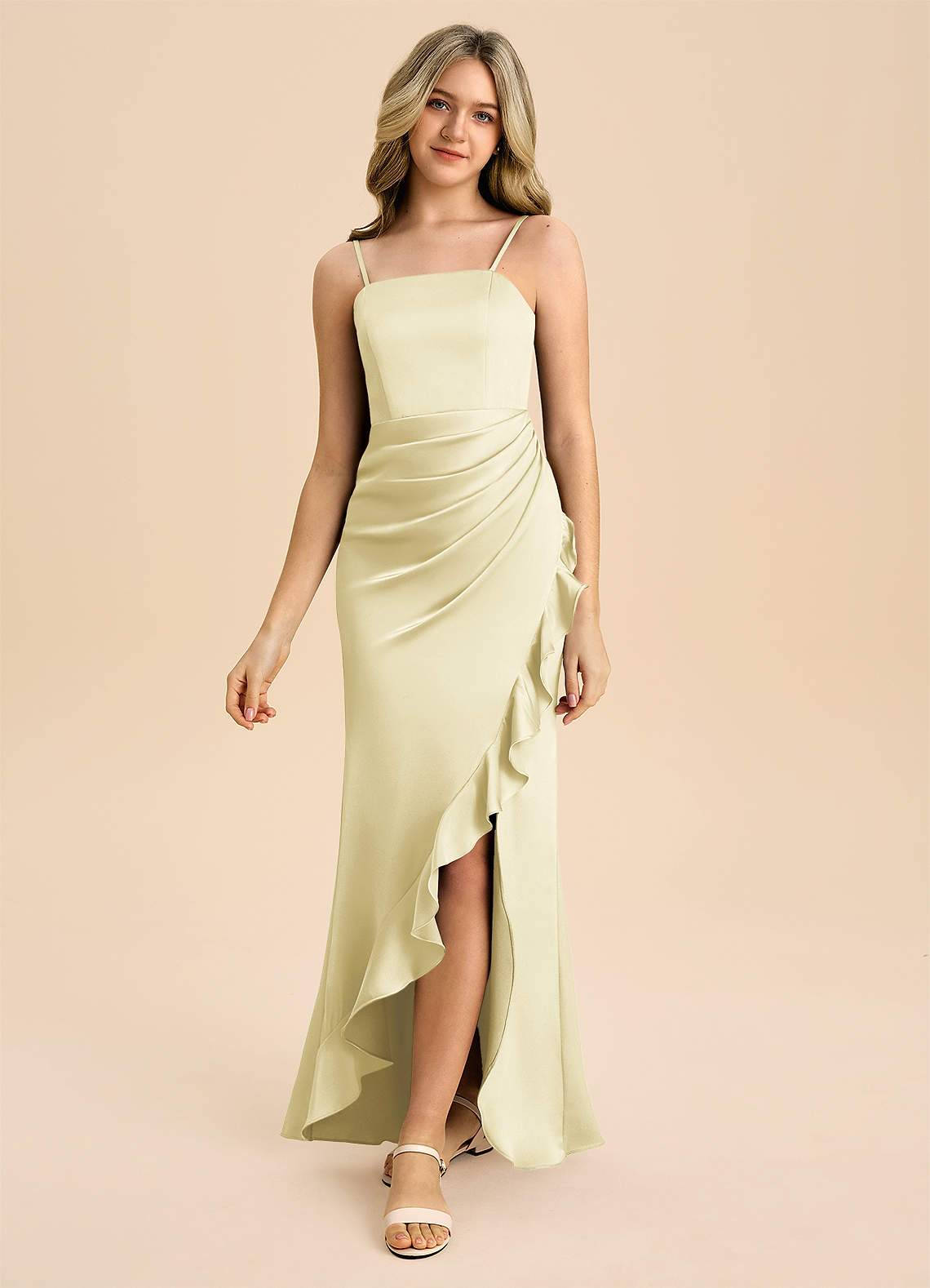 Azazie Buzzy Junior Lemon Sorbet Sheath Pleated Stretch Satin Dress image4