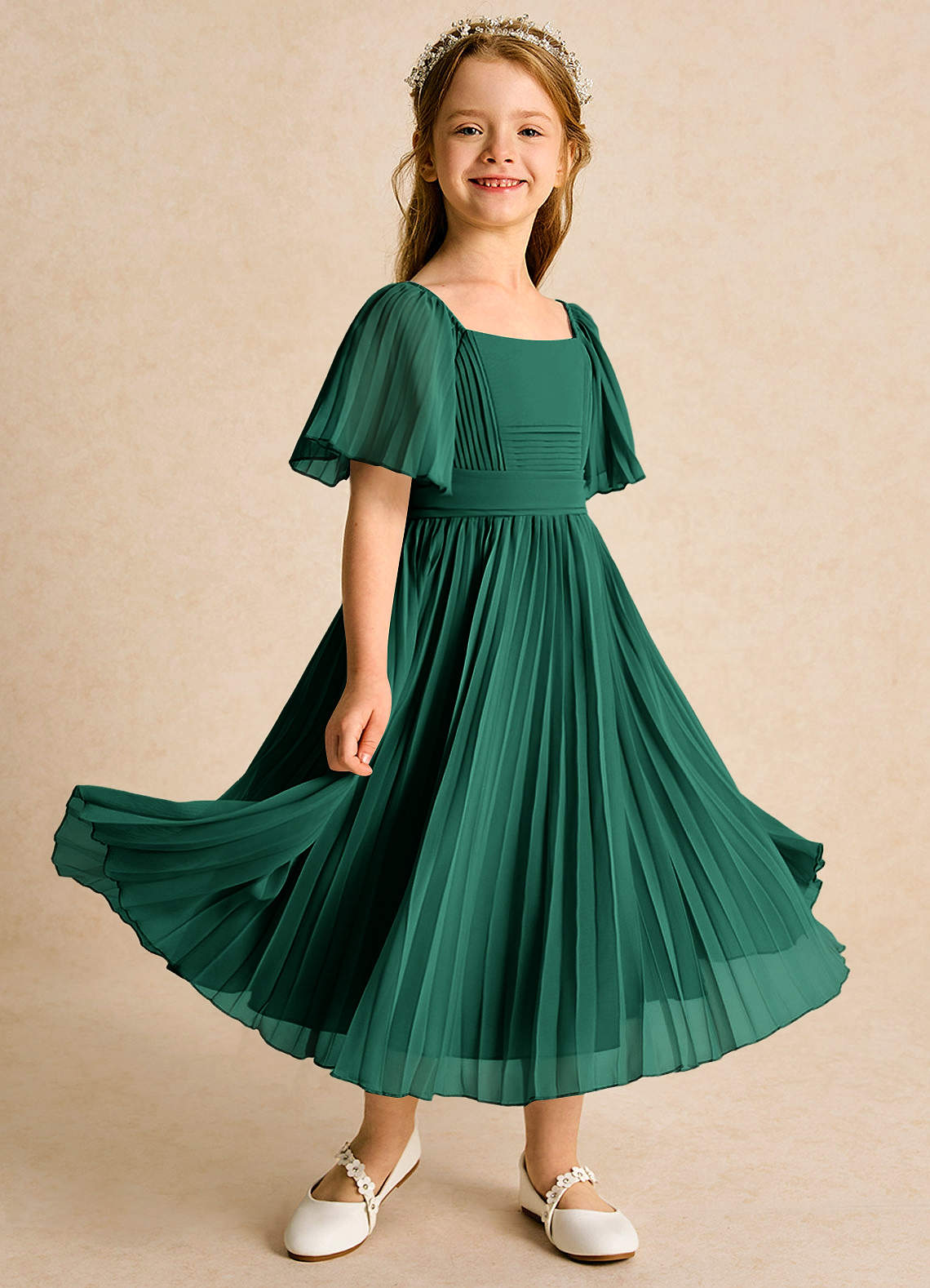 Azazie Gisele Abiti da Ragazza di Fiori Abito A-Line in Chiffon Plissettato Smeraldo image1