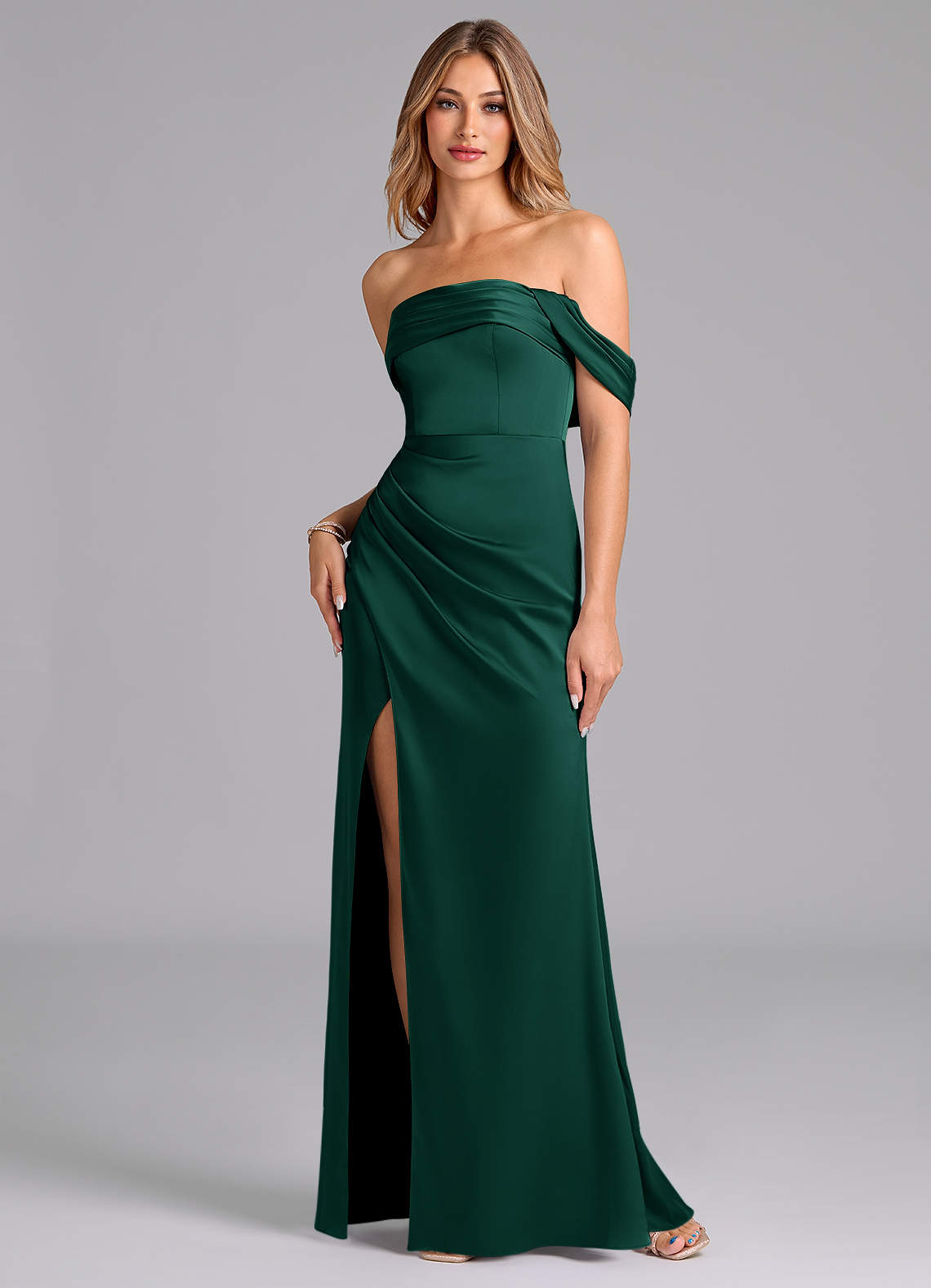 Azazie Lisbeth Bridesmaid Dresses Emerald Mermaid Off the Shoulder Stretch Satin Convertible Dress image1