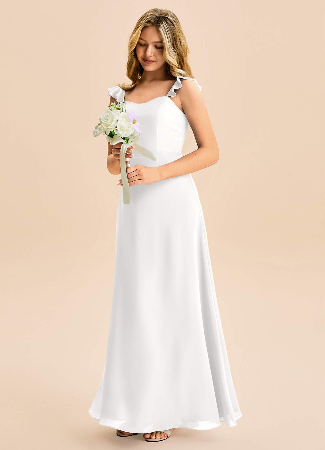 white chiffon junior bridesmaid dresses Azazie Mavie Junior