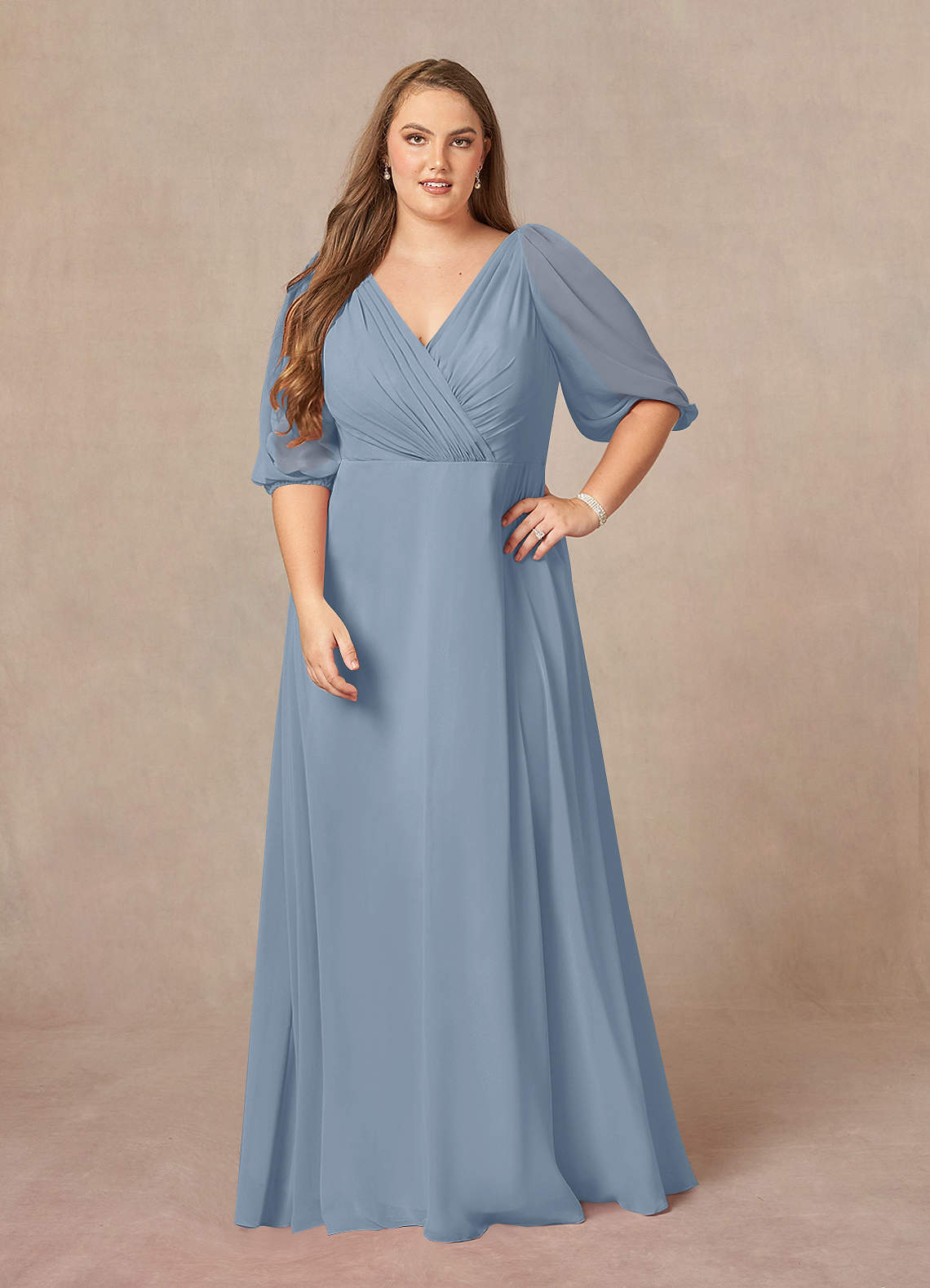 Azazie Bronwyn Mother of the Bride Dresses Dusty Blue A-Line V-Neck Ruched Chiffon Dress image1
