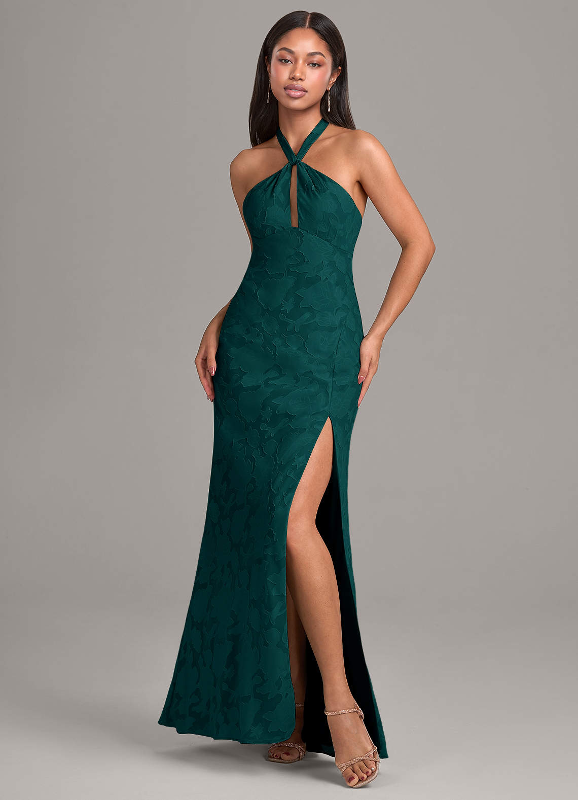 Azazie Ailany Bridesmaid Dresses Pine A-Line Pleated Floral Burnout Dress image1