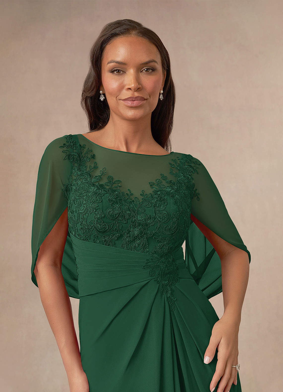 Azazie Hera Dark Green A-Line Lace Capelet Chiffon Dress | Azazie