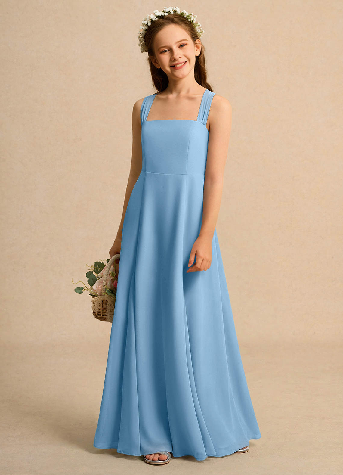 Azazie A-Line/Princess Halter Neck Floor-Length Chiffon Flower Girl Dresses - Steel Blue