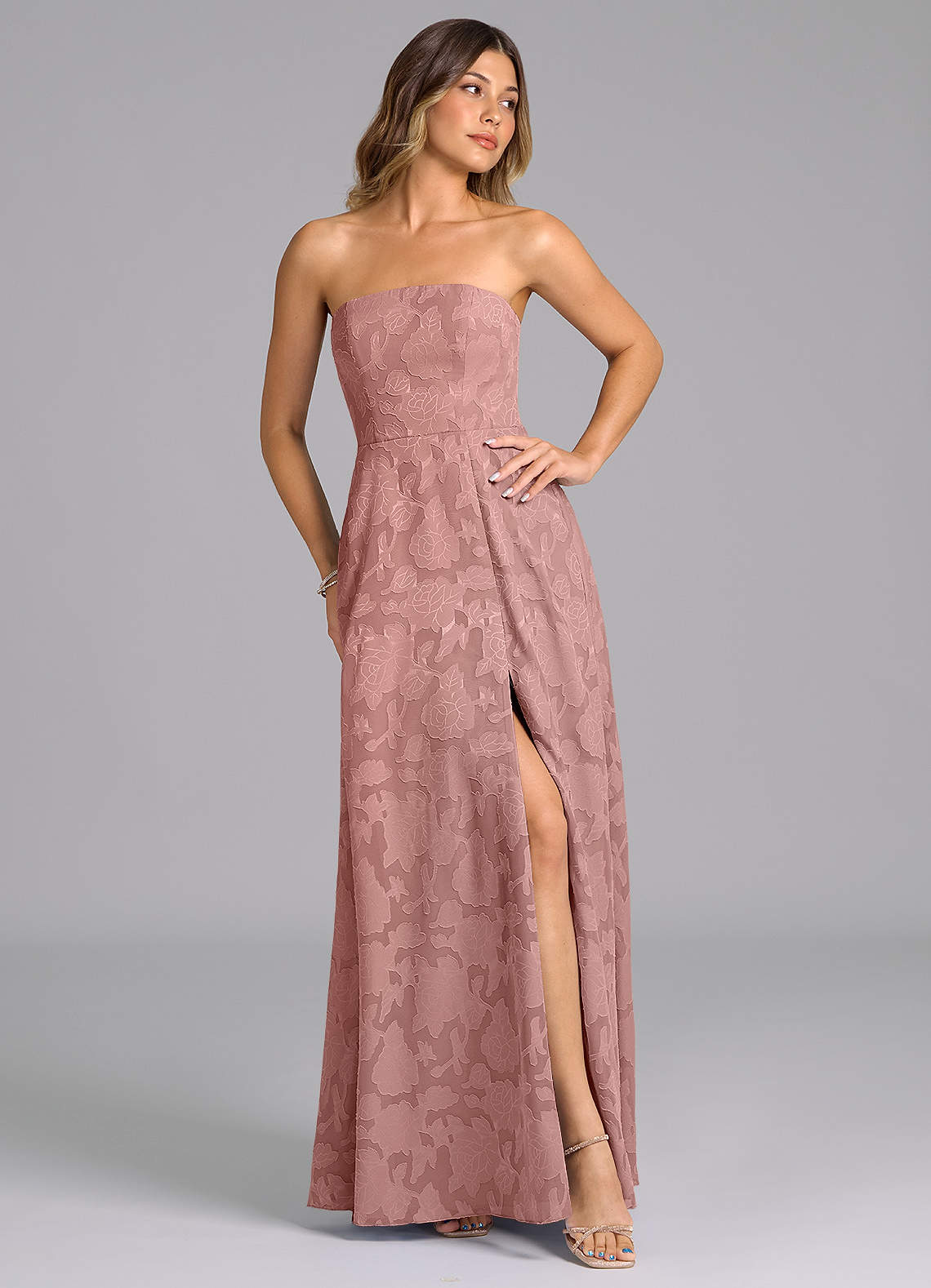 Azazie Wren At-home Try On Dresses Dusty Rose A-Line Strapless Floral Burnout Dress image6