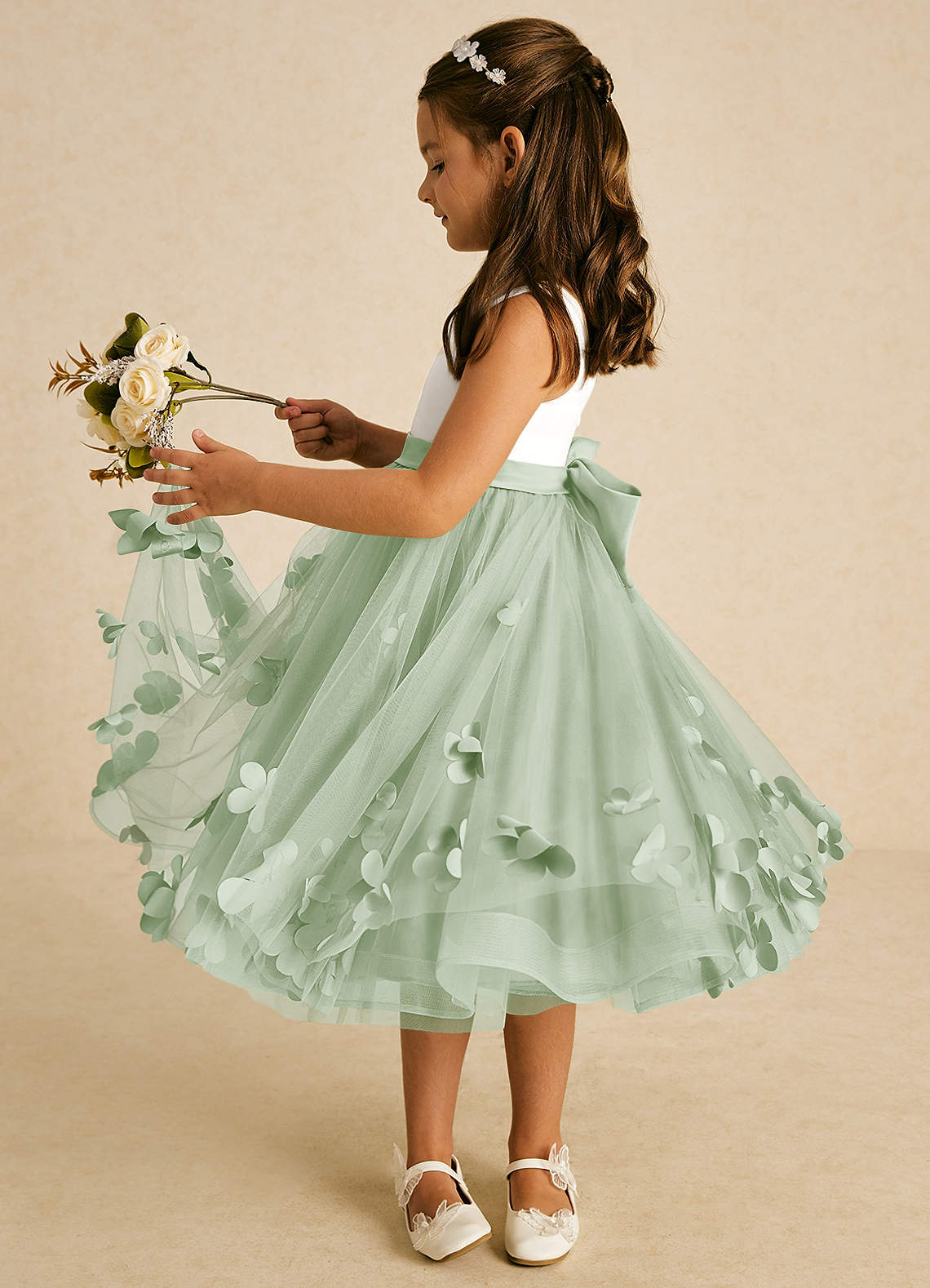 Azazie Sprout Flower Girl Dresses Dusty Sage A-Line Bow Tulle Dress image3