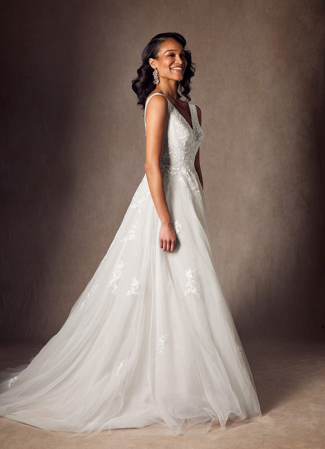 Azazie Joie Diamond White A-Line V-Neck Sequins Tulle Dress Sample