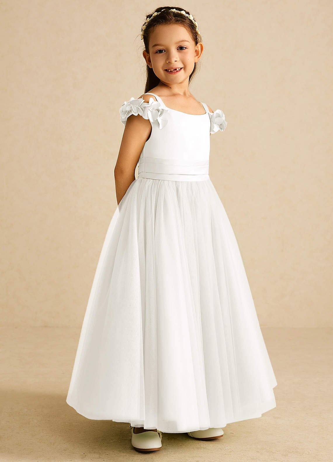 Azazie Jujube Flower Girl Dresses Ivory A-Line Beaded Tulle Dress image1