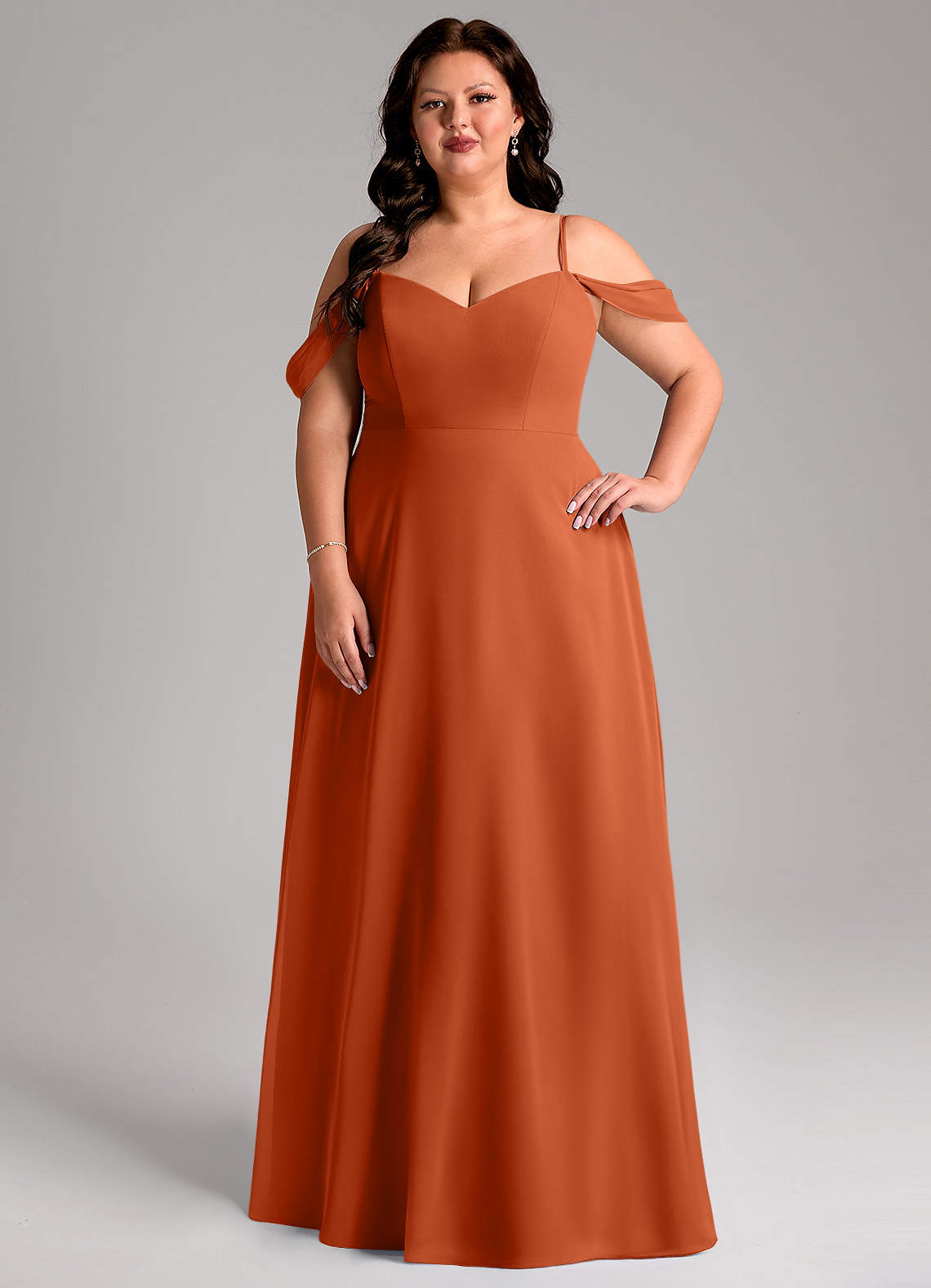 Azazie Marley Bridesmaid Dresses Burnt Orange A-Line Off the Shoulder Chiffon Convertible Dress image1