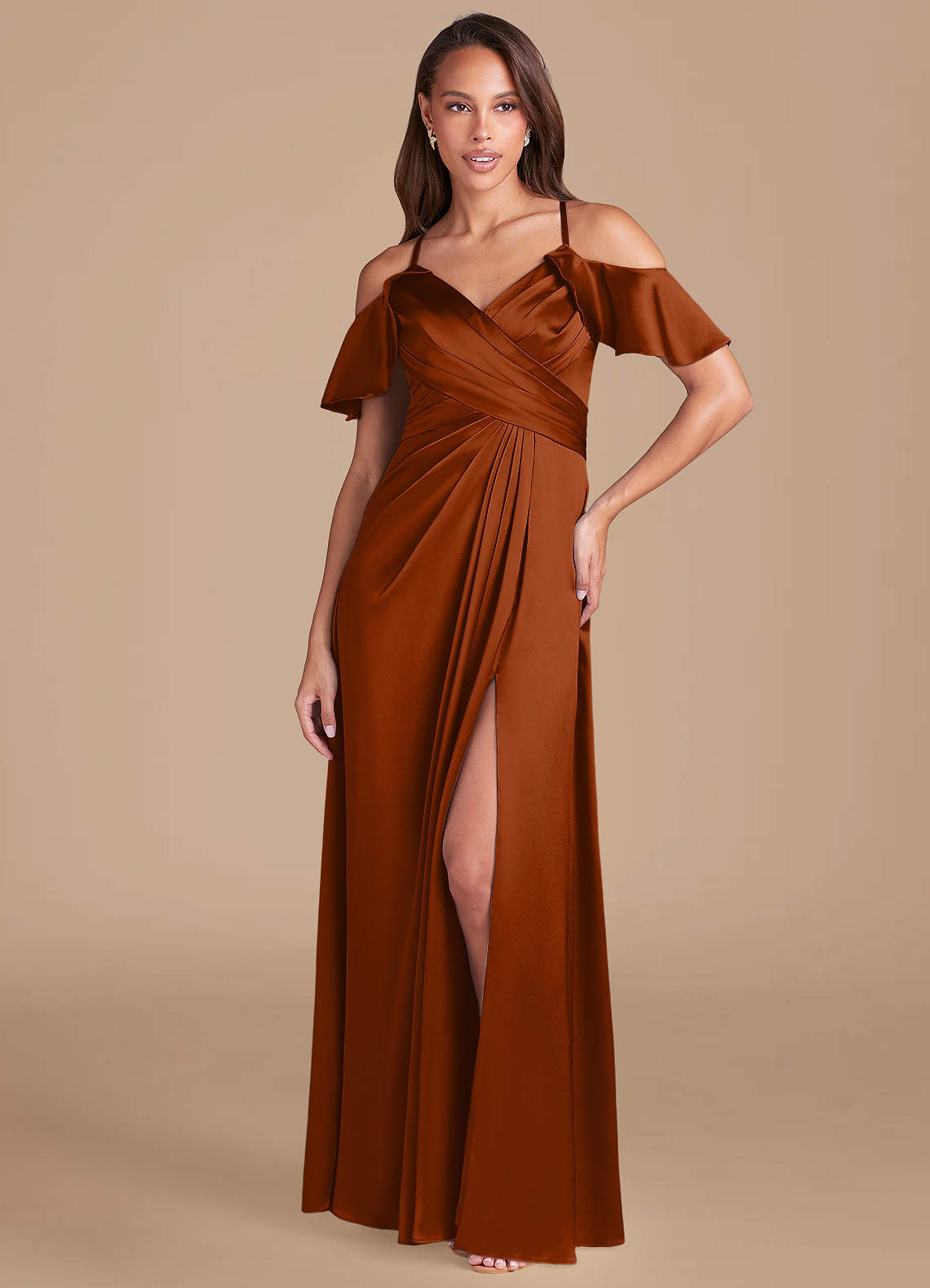 Azazie Dakota Bridesmaid Dresses Auburn A-Line Off the Shoulder Metallic Satin Dress image1
