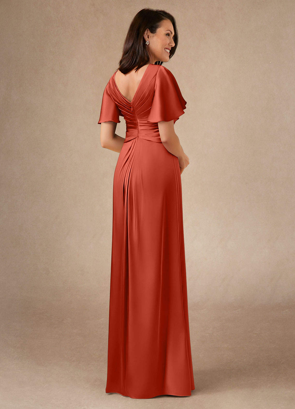 Azazie Emmeline Mother of the Bride Dresses Rust A-Line Pleated Stretch Satin Dress image1