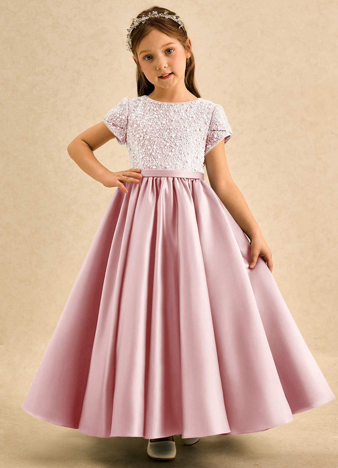 Azazie Cashew Robe Demoiselle D'honneur Fillette Robe Princesse en Mat Satiné avec manches Rose Poudré image1