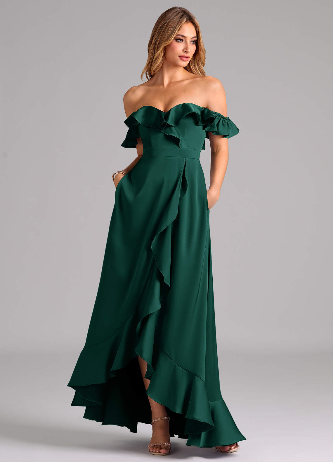 Azazie Lyra Bridesmaid Dresses Emerald A-Line Off the Shoulder Stretch Satin Convertible Dress image2