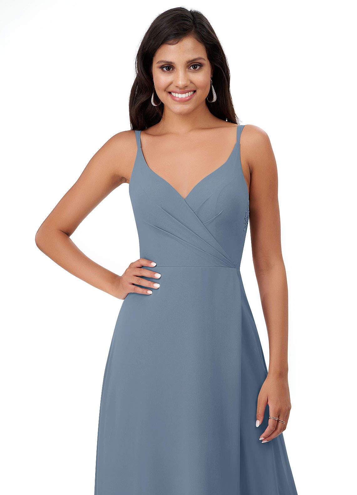 Azazie Lennon Vestidos de madrinha de casamento Vestido Azul Empoeirado de Chiffon de Linha A com Renda image5