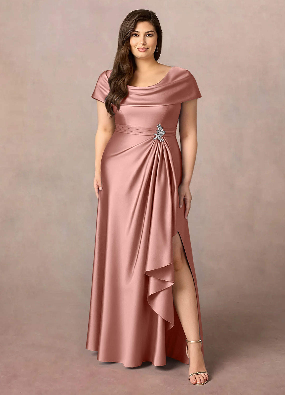 Azazie Branford Mother of the Bride Dresses Rosette A-Line Pleated Stretch Satin Dress image8
