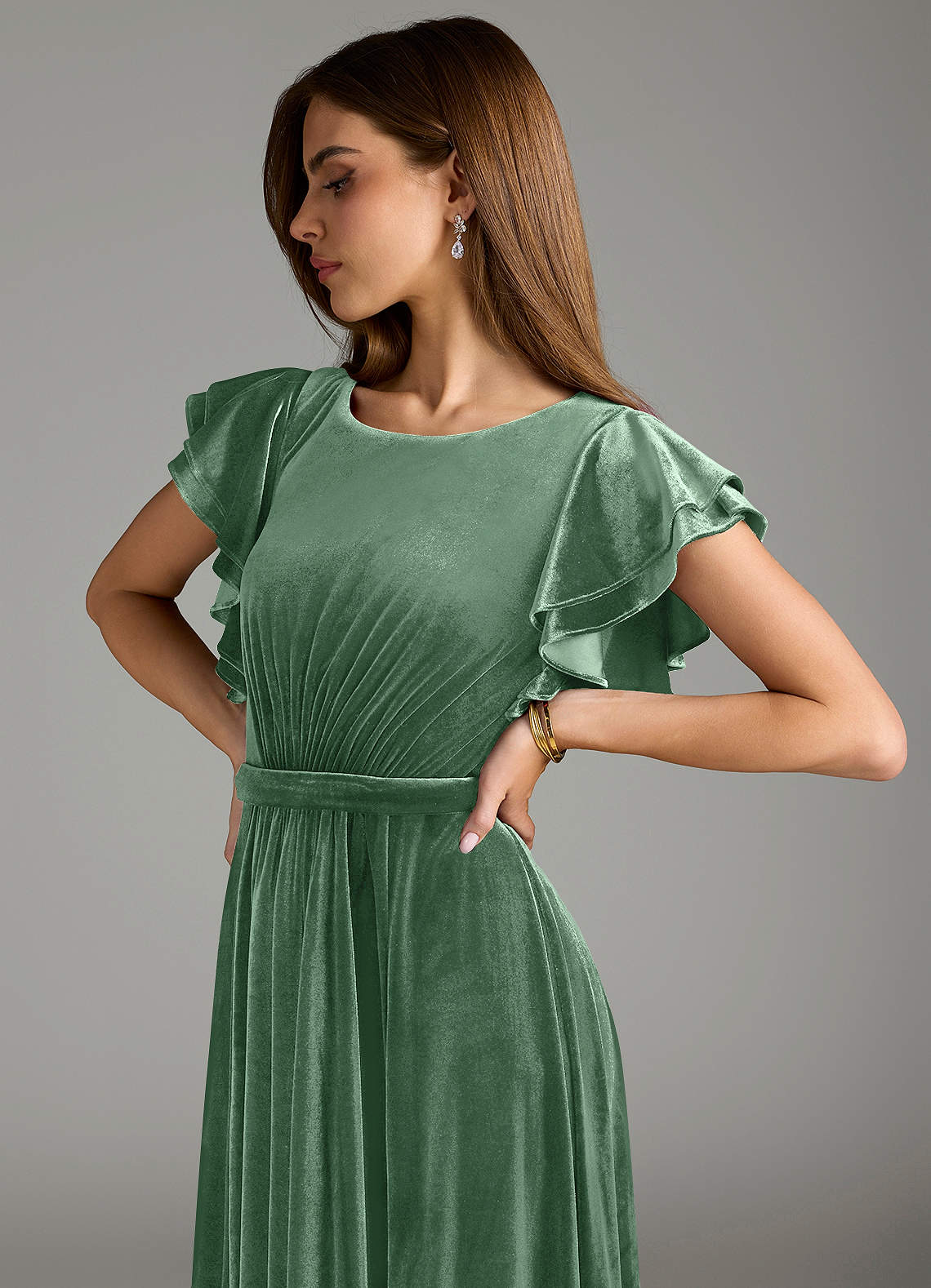 Azazie Daphne Final Sale A-Line Velvet Floor-Length Dress with Belt image1