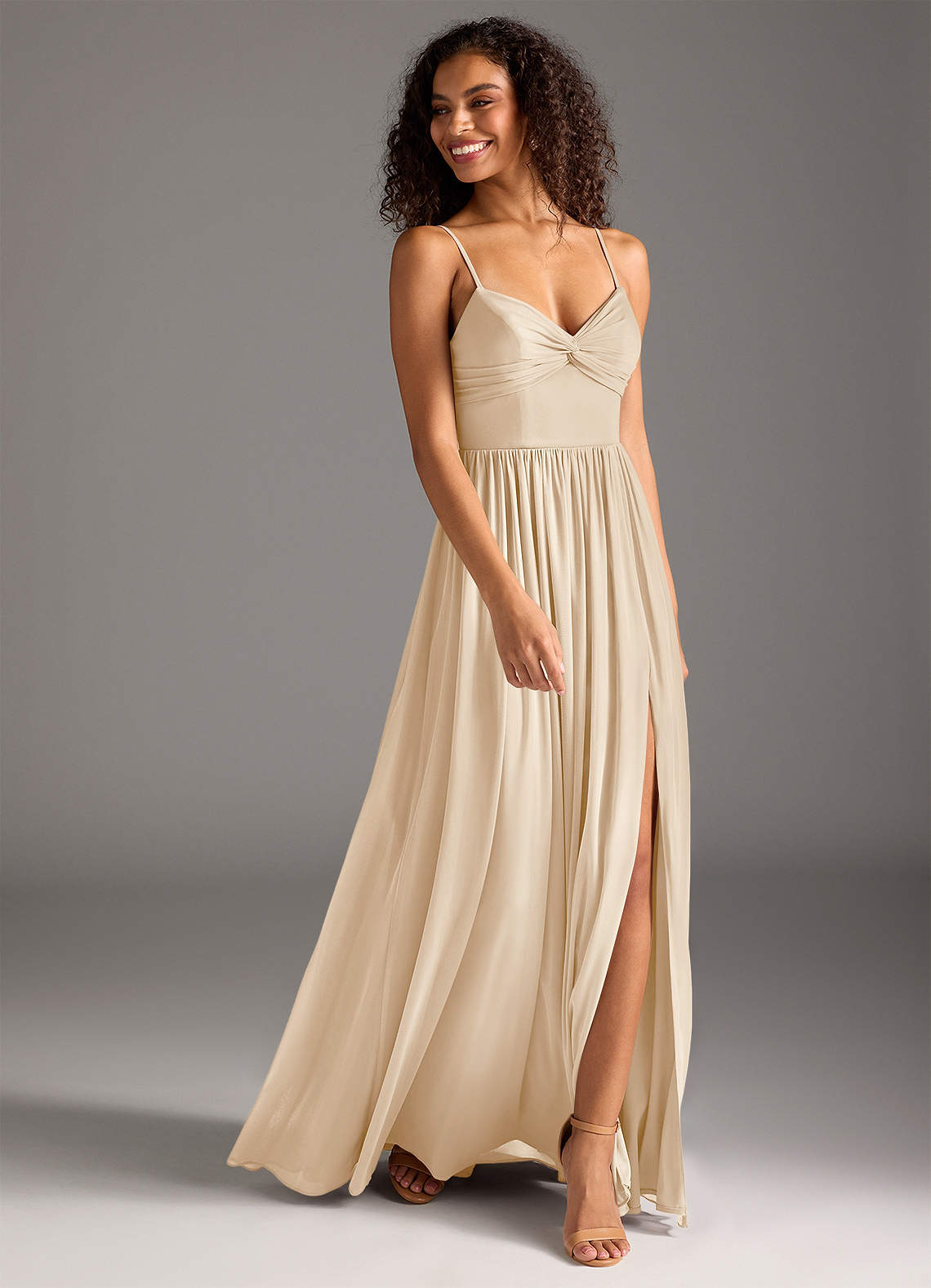 Azazie Zeya Ready to Ship Champagne Mesh Bridesmaid Dresses | Azazie