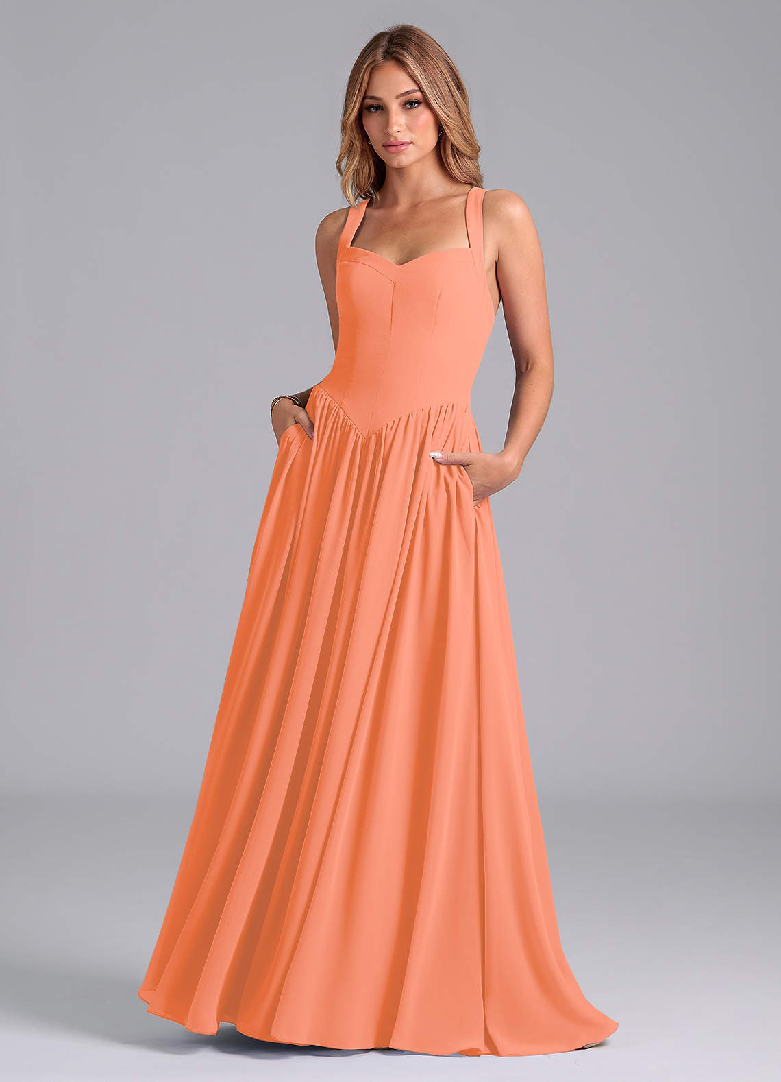 Azazie Francis Robes de demoiselle d'honneur Robe Trapèze en Mousseline de soie Corset Coucher De Soleil image1