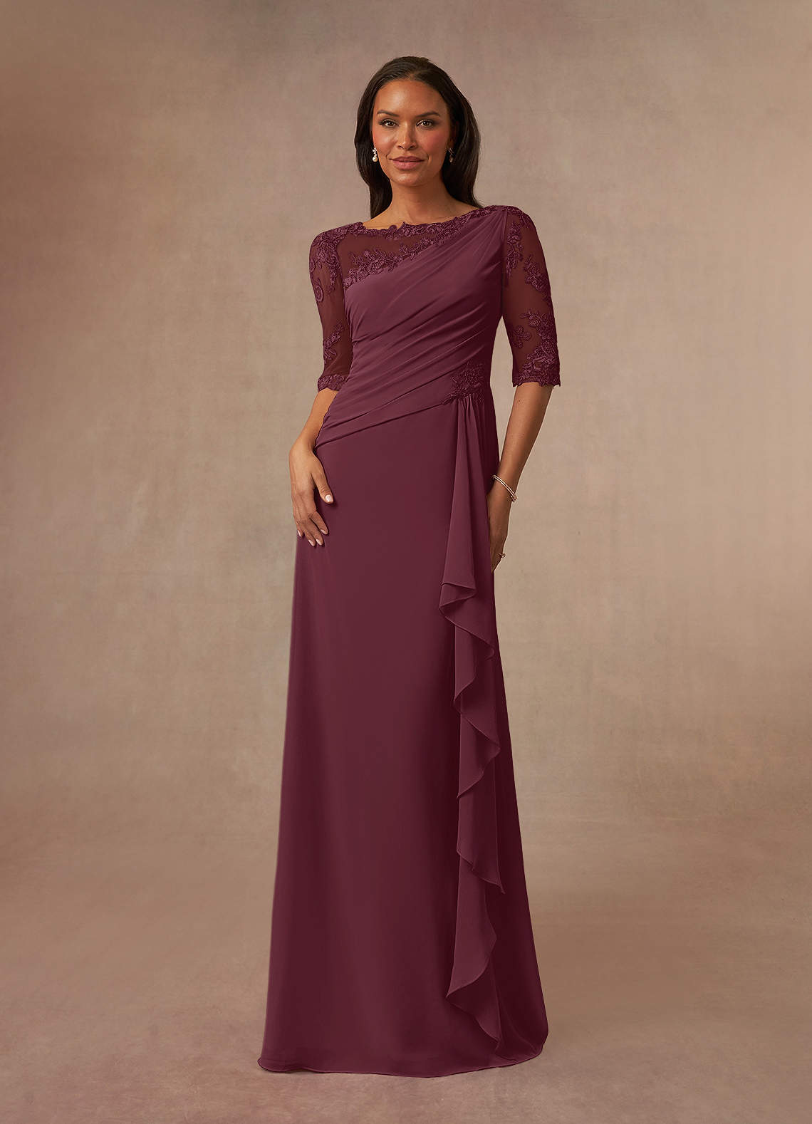 Azazie Dionysus vestidos de madre de la novia Vestido de Cabernet de Gasa de Corte En A con Encaje cuello barco image1