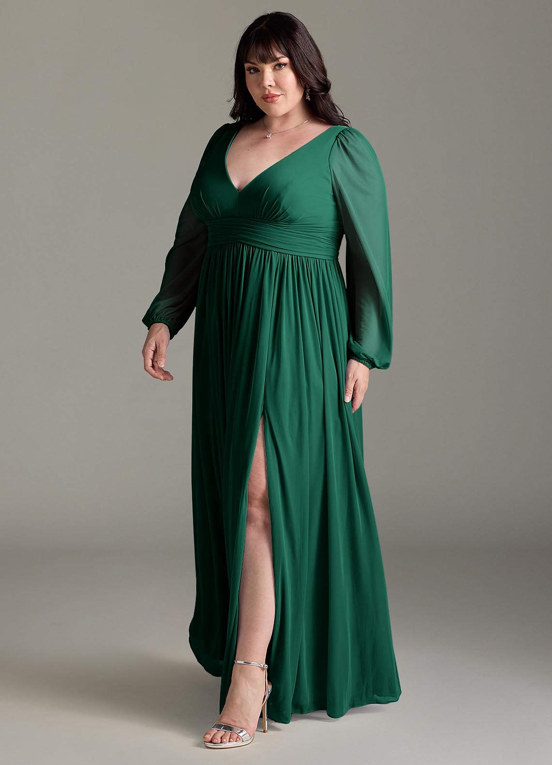 Azazie Norah At-home Try On Dresses Emerald A-Line V-Neck Long Sleeve Chiffon Dress image10