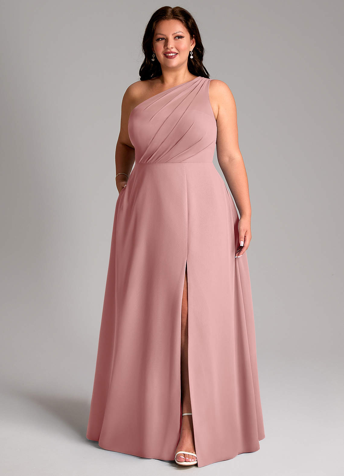 Azazie Phaedra Bridesmaid Dresses Dusty Rose A-Line One Shoulder Chiffon Dress image11