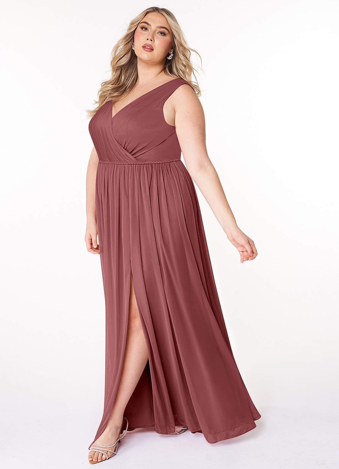 Azazie Tanicia Bridesmaid Dresses Amethyst A-Line V-Neck Pleated Mesh Dress image6