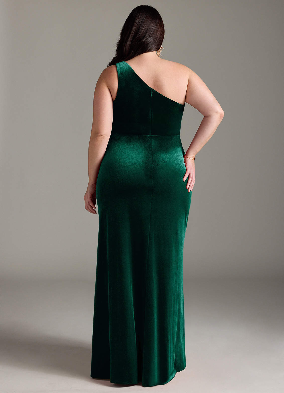 Azazie Argan Bridesmaid Dresses Emerald A-Line One Shoulder Pleated Velvet Dress image8