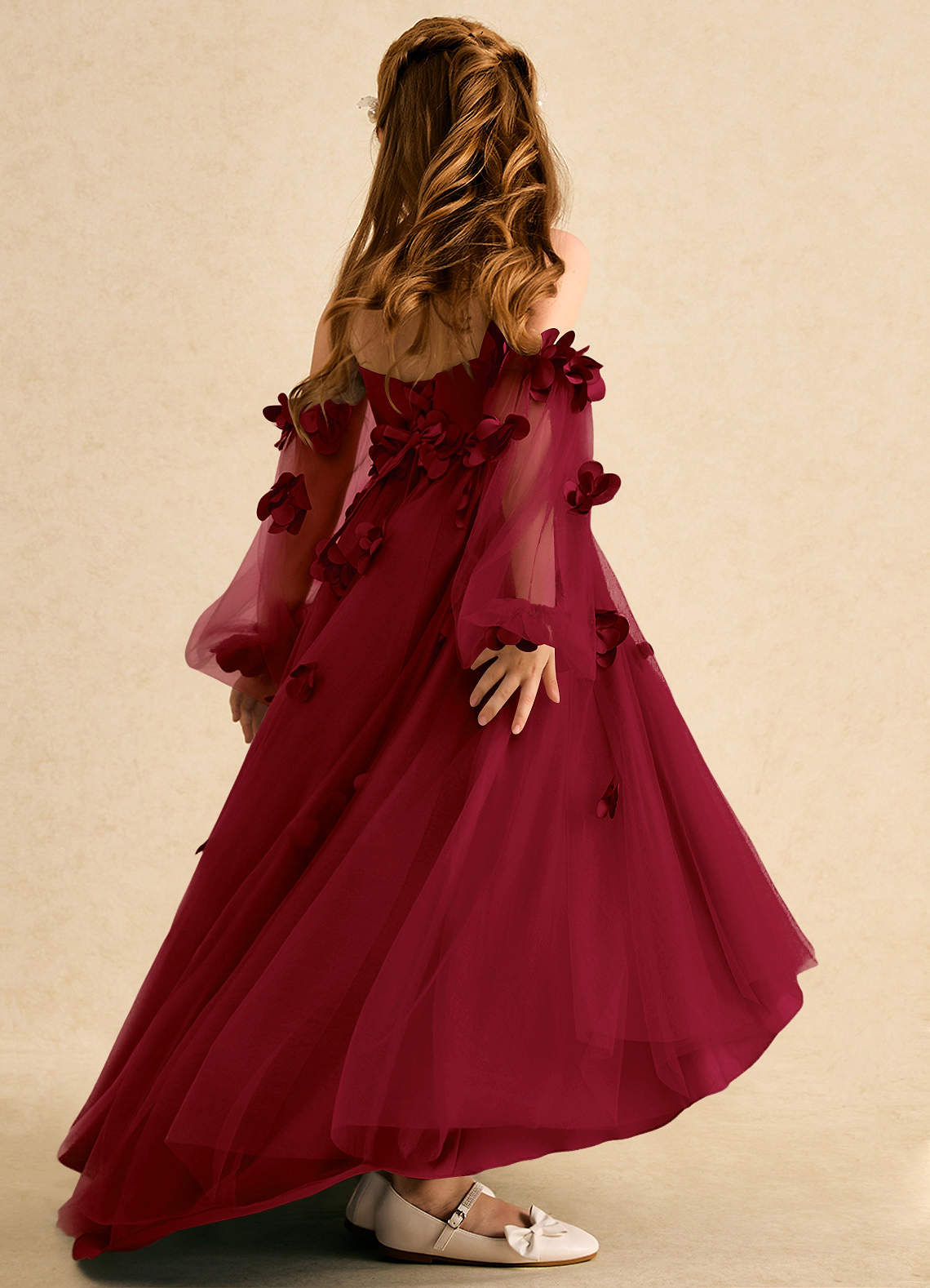 Azazie Karrie Flower Girl Dresses Burgundy A-Line with Sleeves Tulle Dress image5