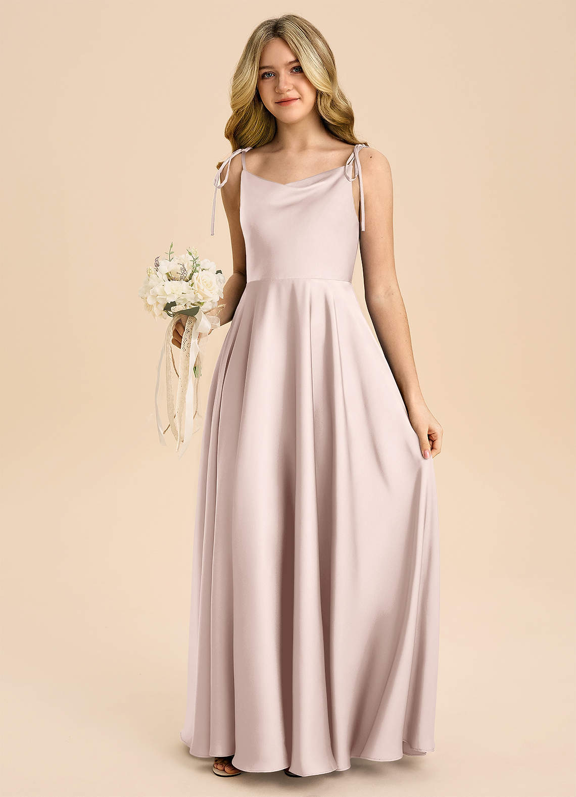 Azazie Popsy Junior Linia A Ukłon Satyna elastyczna Długość podłogi Młodsza druhna Sukienka image4