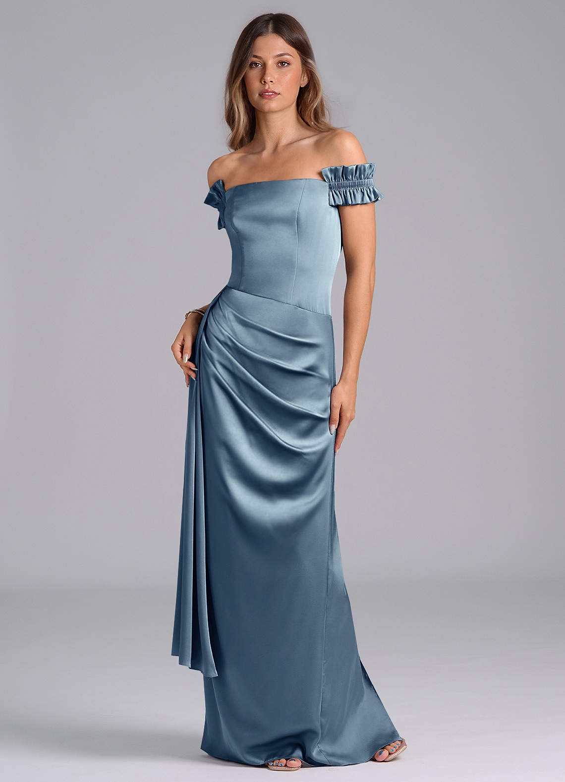Azazie Kalysia Bridesmaid Dresses Dusty Blue Mermaid Off the Shoulder Stretch Satin Convertible Dress image1
