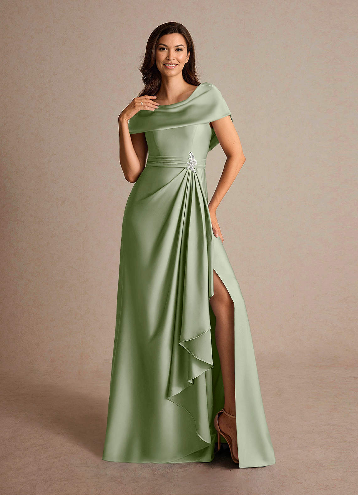 Azazie Branford Mother of the Bride Dresses Dusty Sage A-Line Pleated Stretch Satin Dress image5