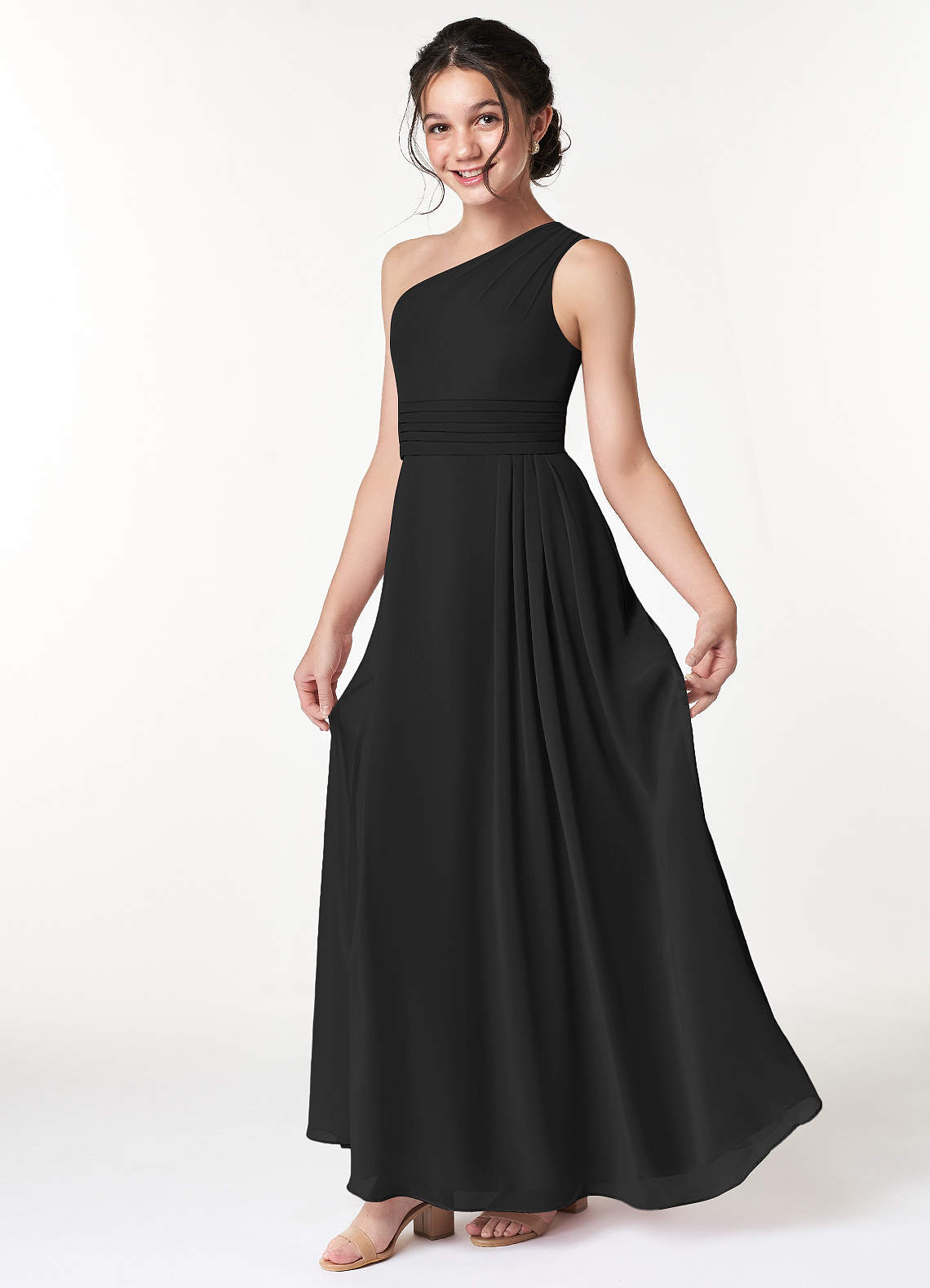 Azazie Cleo Junior A-Linie Plissee Chiffon Kleid Schwarz image1