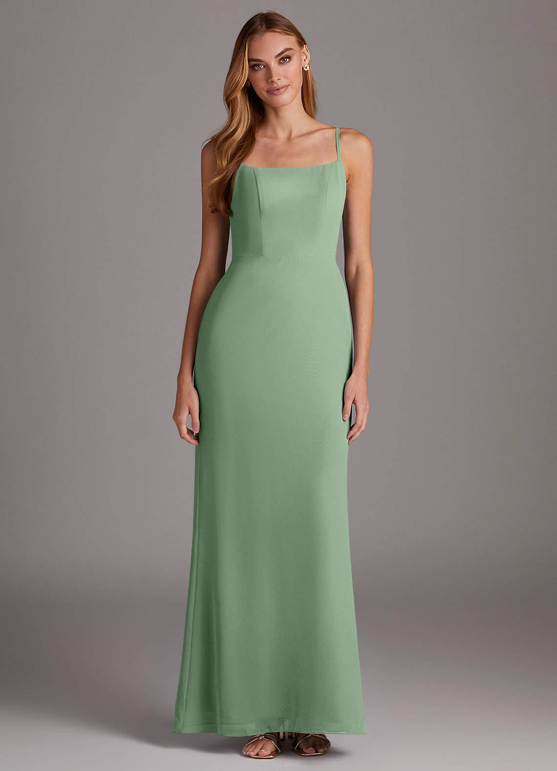 Azazie Tayla Abiti da Damigella Abito Tubino in Chiffon Scollo Quadrato Matcha image1
