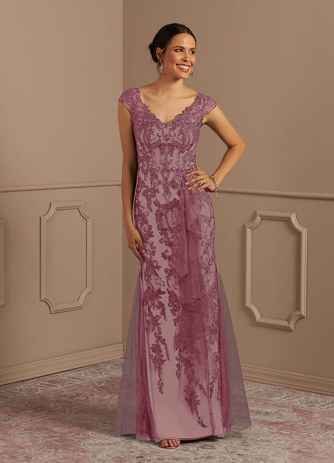 Azazie Melena Mother of the Bride Dresses Vintage Mauve Champagne Mermaid Lace Tulle Dress image1