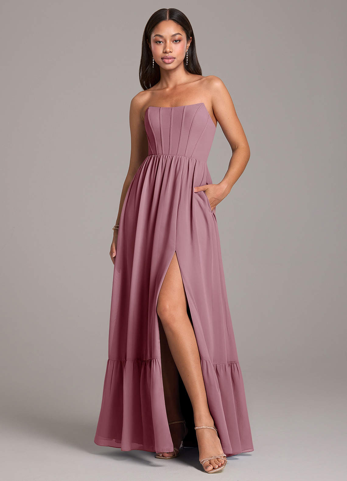 Azazie Kailee Bridesmaid Dresses Vintage Mauve A-Line with Pockets Chiffon Dress image1